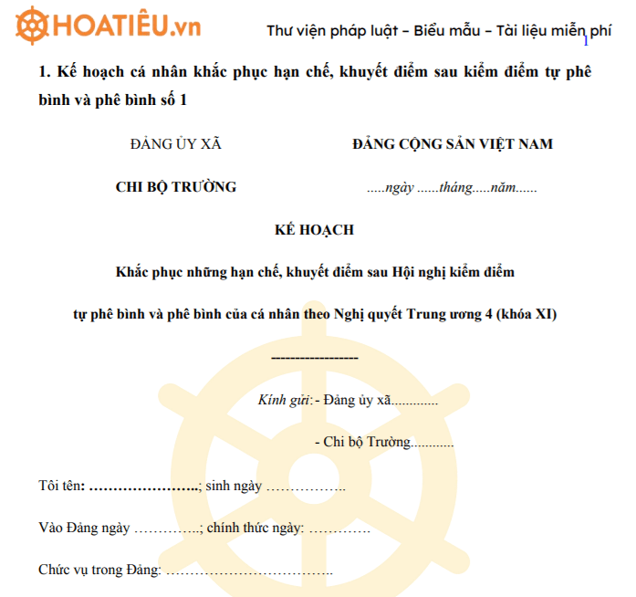 Kế hoạch cá nhân khắc phục hạn chế, khuyết điểm sau kiểm điểm tự phê bình và phê bình 