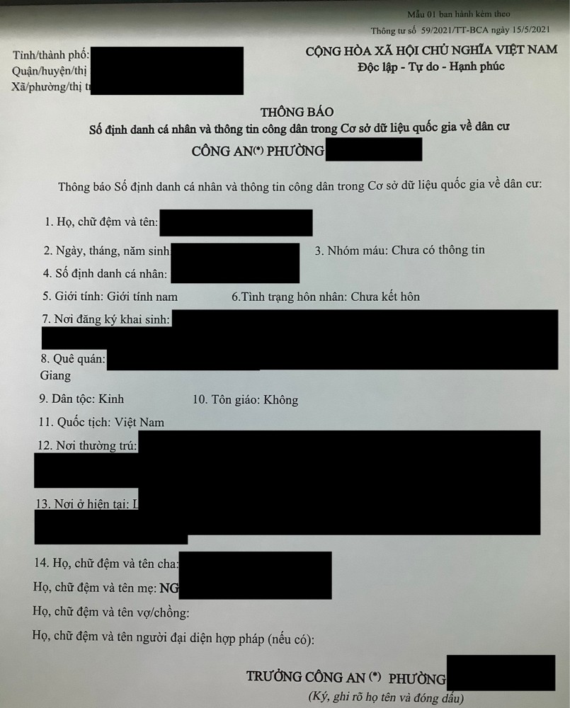 Mẫu số 01 ban hành kèm theo Thông tư 59/2021/TT-BCA
