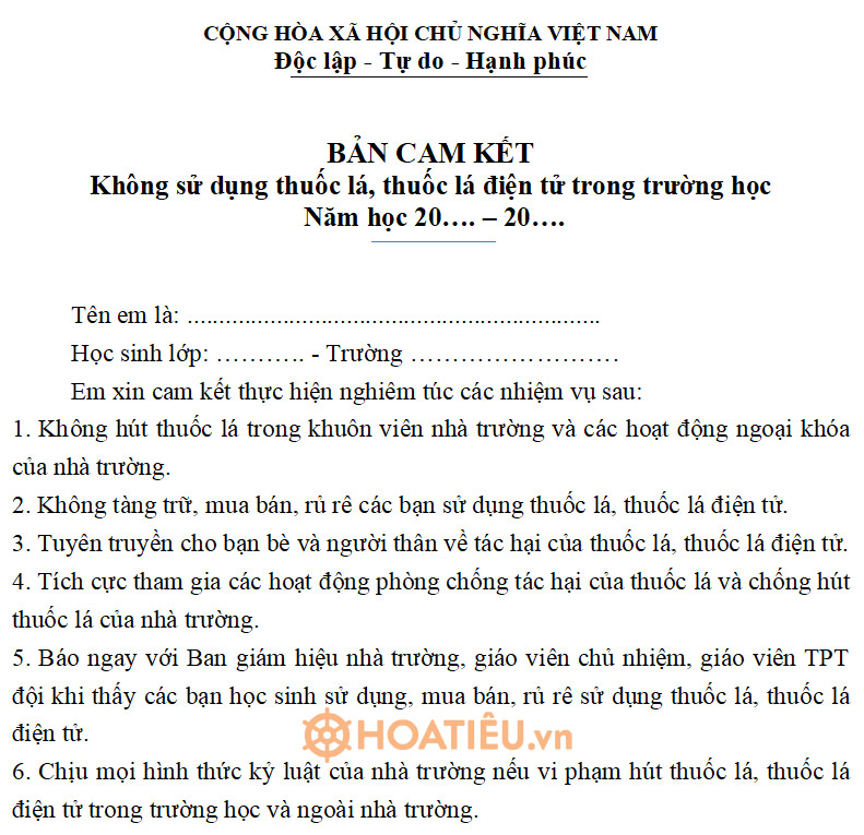 Bản cam kết không sử dụng thuốc lá, thuốc lá điện tử trong trường học