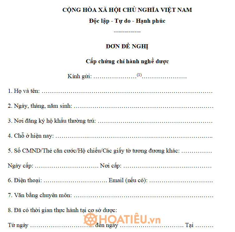 Mẫu đơn đề nghị cấp chứng chỉ hành nghề dược