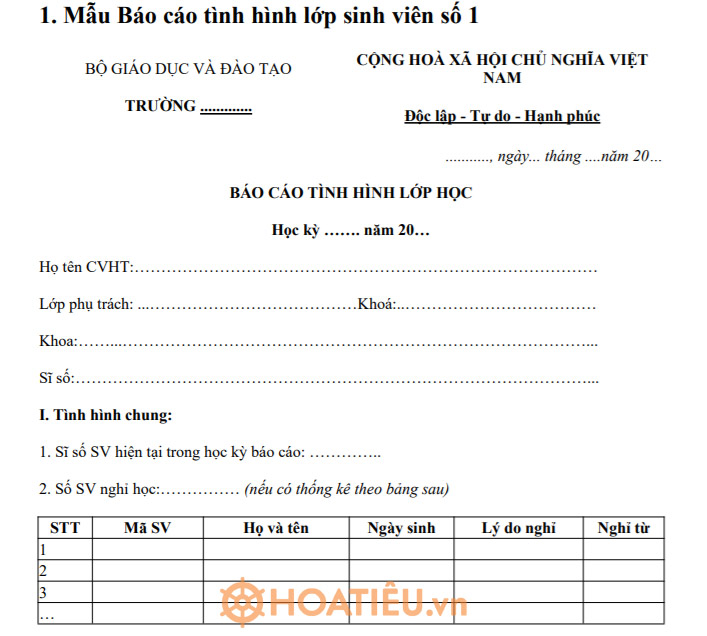 Mẫu Báo cáo tình hình lớp sinh viên