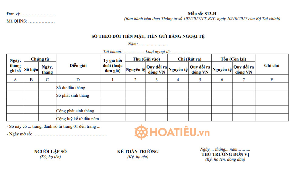 Mẫu S13-H: Sổ theo dõi tiền mặt, tiền gửi bằng ngoại tệ