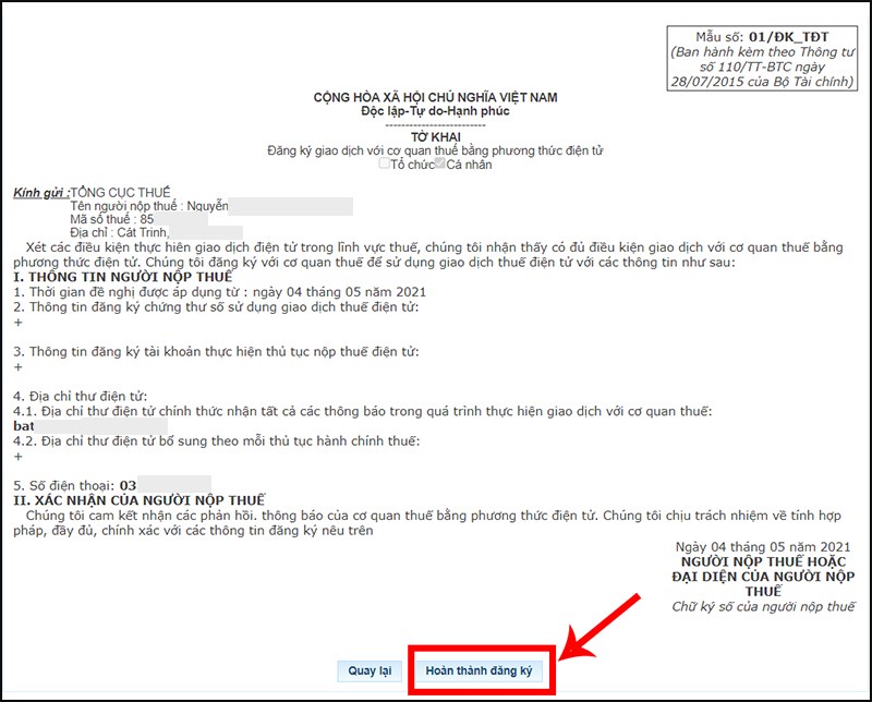 Bước 4: Hệ thống sẽ hiển thị thông tin tờ khai Đăng ký giao dịch với cơ quan thuế
