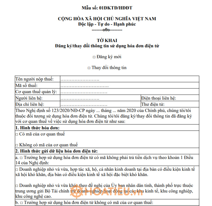 Mẫu 01/ĐKTĐ-HĐĐT: Tờ khai đăng ký/thay đổi thông tin sử dụng hóa đơn điện tử