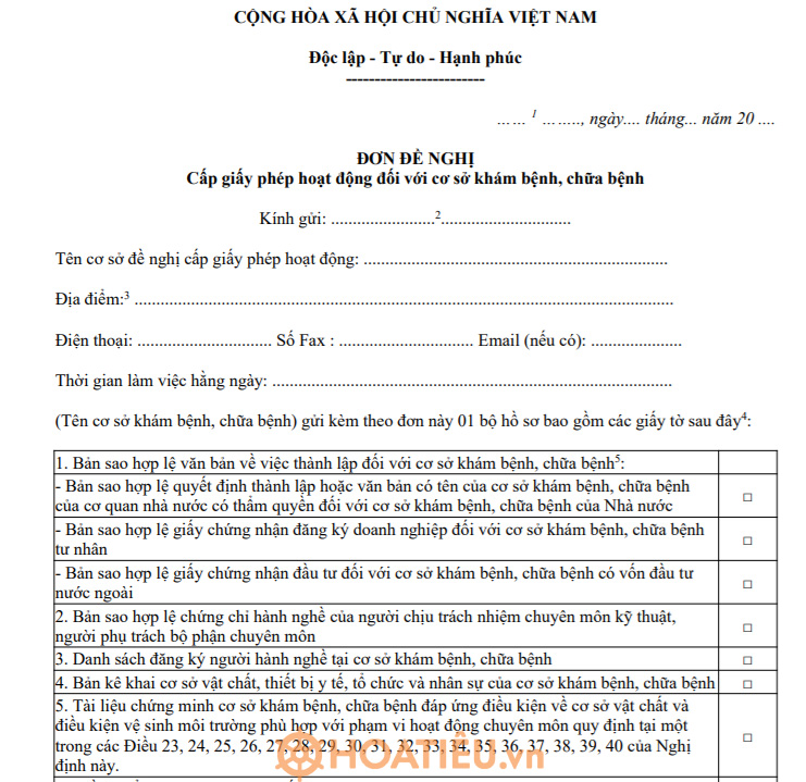Mẫu đơn đề nghị cấp giấy chứng nhận đủ điều kiện hành nghề y tư nhân đối với phòng khám đa khoa
