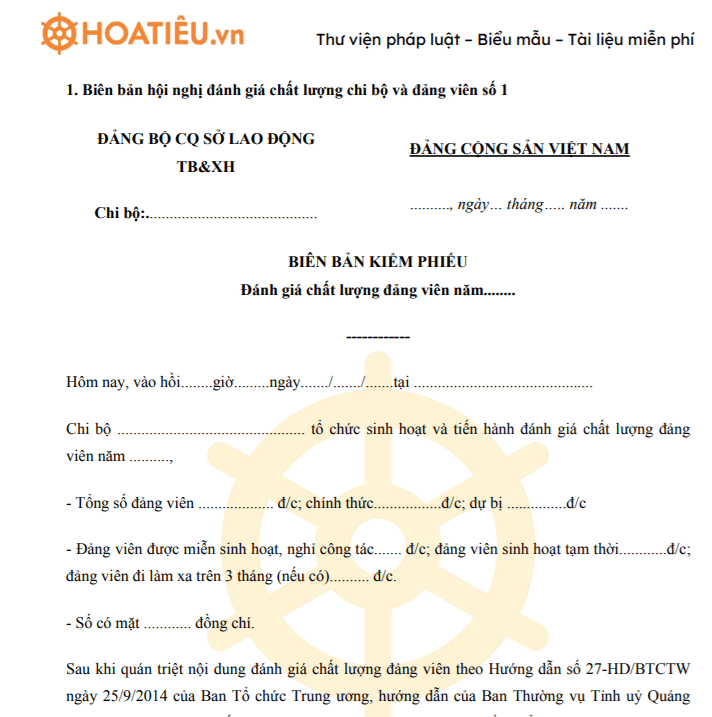 Biên bản hội nghị đánh giá chất lượng chi bộ và Đảng viên năm