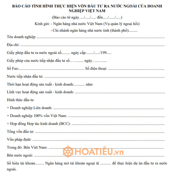 Mẫu báo cáo về vốn đầu tư ra nước ngoài 