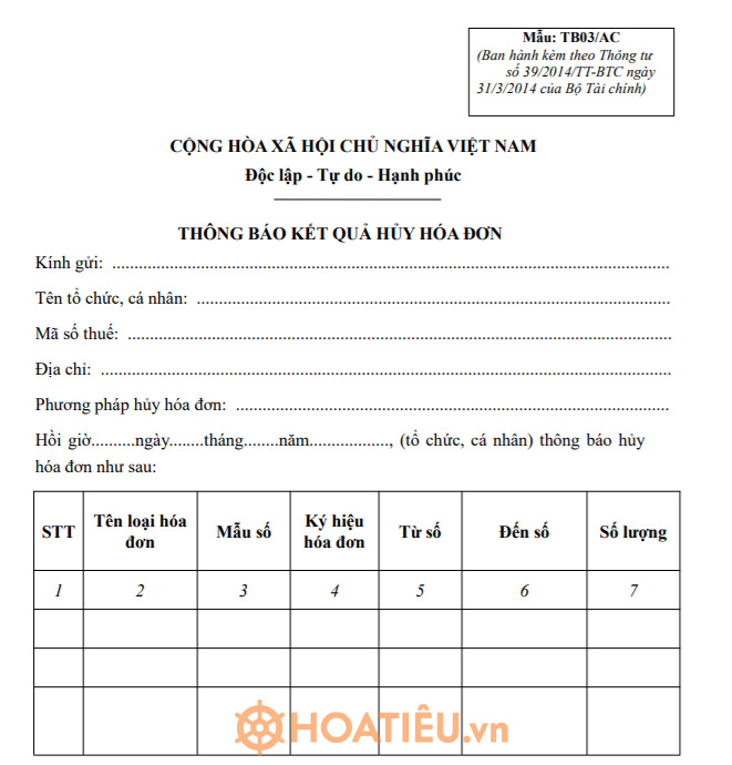 Mẫu TB03/AC: Thông báo kết quả hủy hóa đơn