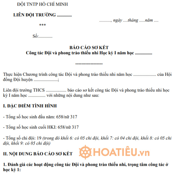 Báo cáo sơ kết công tác đội của Học kì 1 năm học 2024-2025