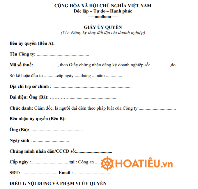 Mẫu giấy uỷ quyền ký hoá đơn GTGT 