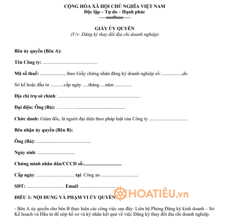Mẫu giấy ủy quyền nộp Phụ lục II-1: Thay đổi địa chỉ đăng ký doanh nghiệp