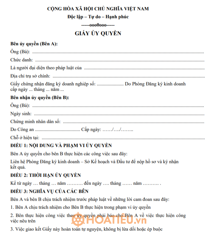Mẫu giấy ủy quyền của Sở Kế hoạch và Đầu tư