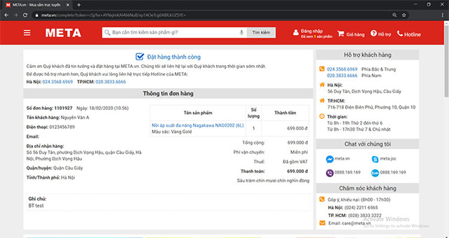 Đặt hàng Online trên website META.vn