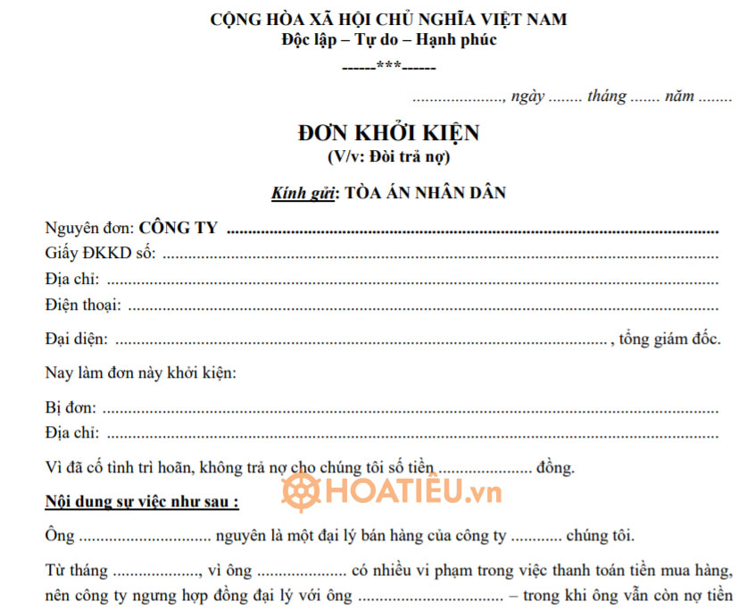 Mẫu đơn khởi kiện đòi nợ