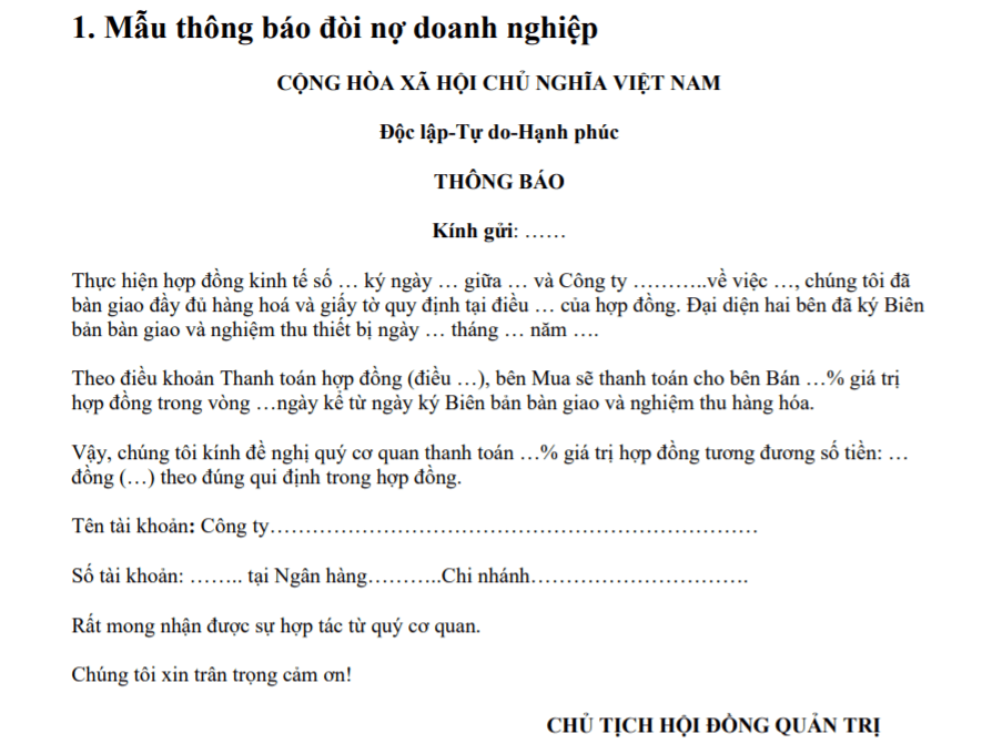 Mẫu thông báo đòi nợ 