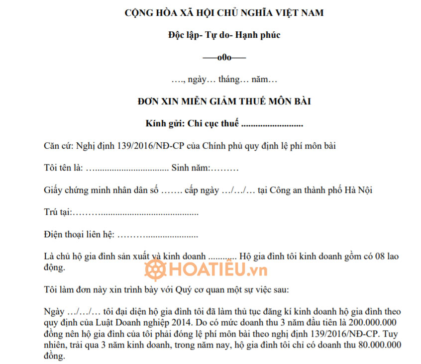 Mẫu đơn xin miễn giảm thuế môn bài