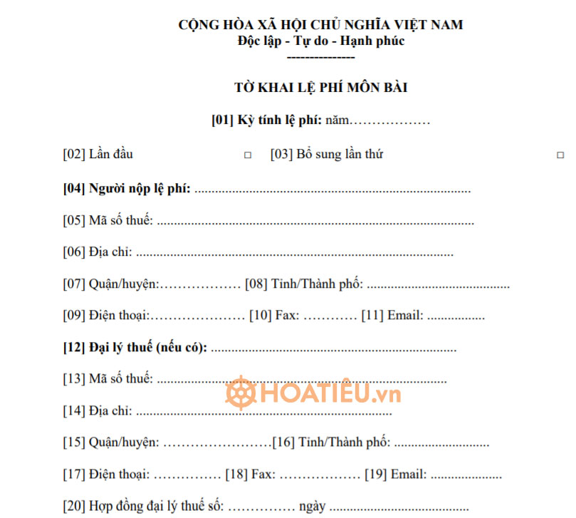 Tờ khai lệ phí môn bài mới nhất 01/MBAI 2024