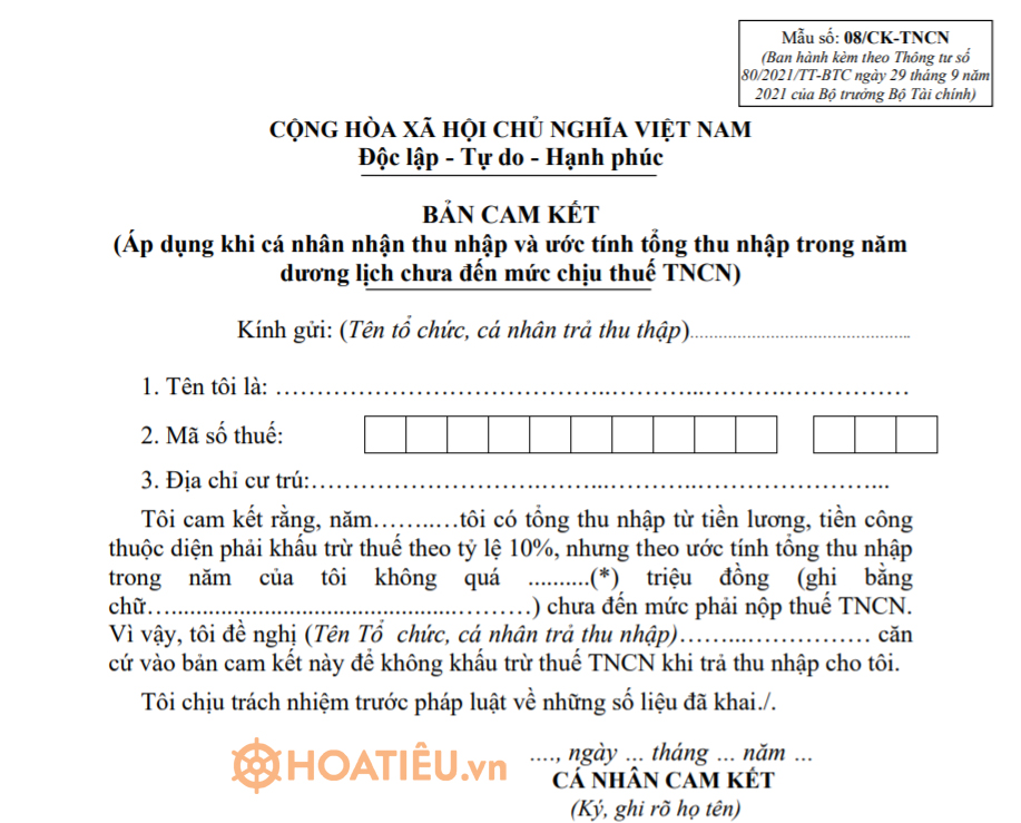 Mẫu 08/CK-TNCN: Mẫu cam kết thuế TNCN 2022
