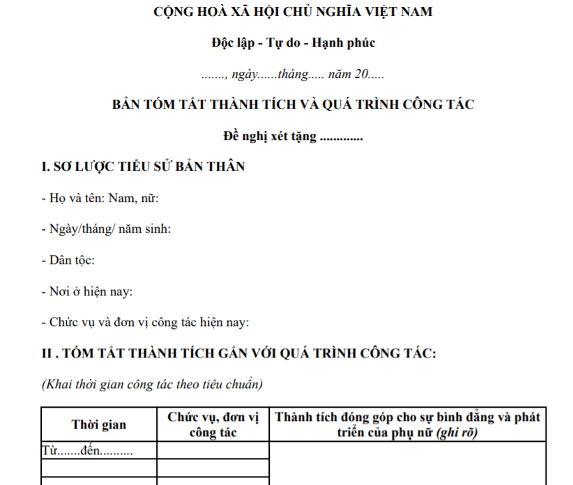 Mẫu báo cáo thành tích cá nhân hội liên hiệp phụ nữ