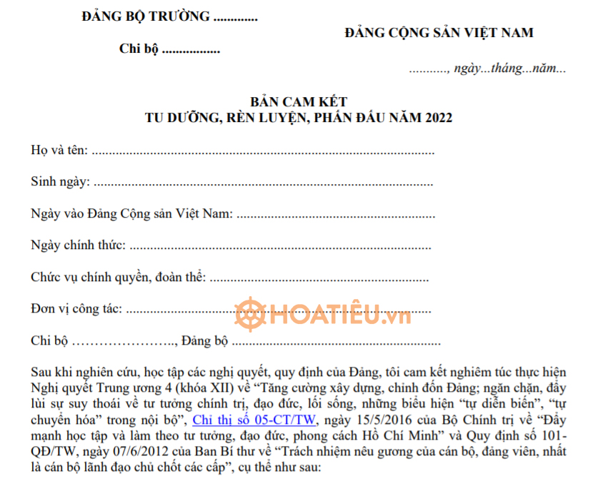 Bản cam kết tu dưỡng, rèn luyện phấn đấu năm 2022 dành cho cán bộ lãnh đạo