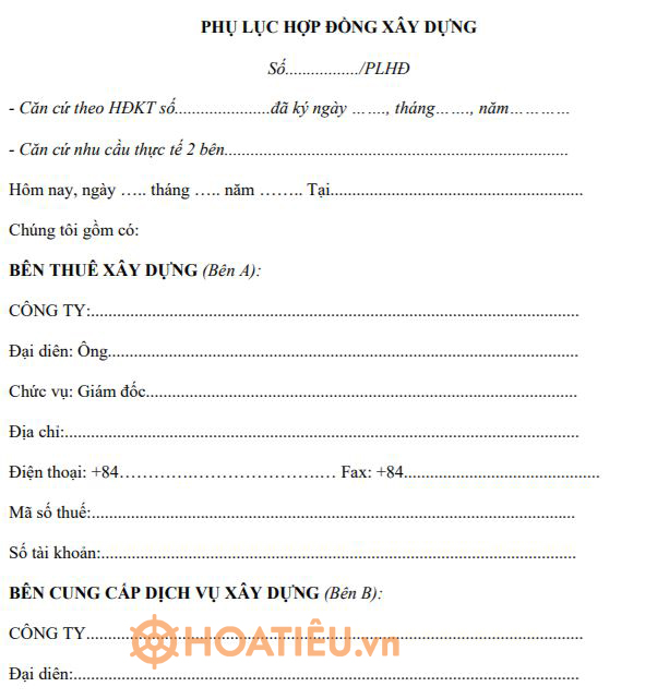 Phụ lục hợp đồng xây dựng 2022