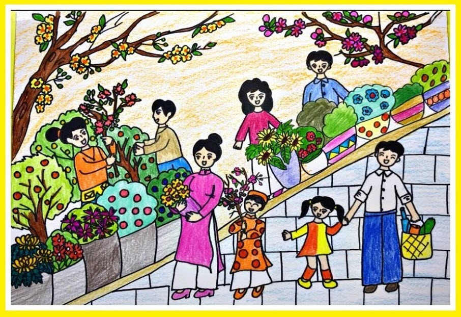 Vẽ tranh ngày tết nấu bánh Chưng