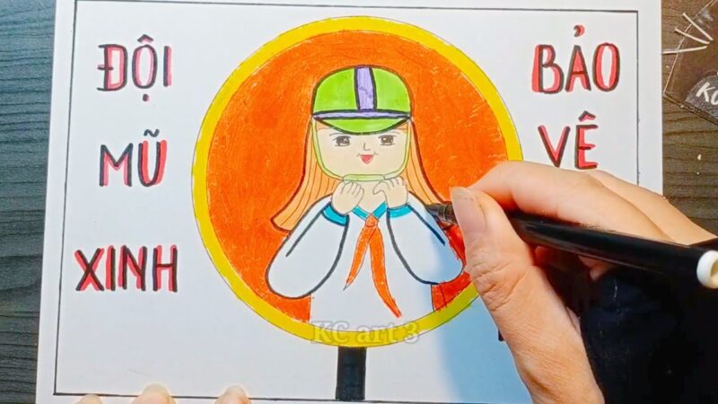 Tranh vẽ đội mũ xinh bảo vệ chúng mình đơn giản