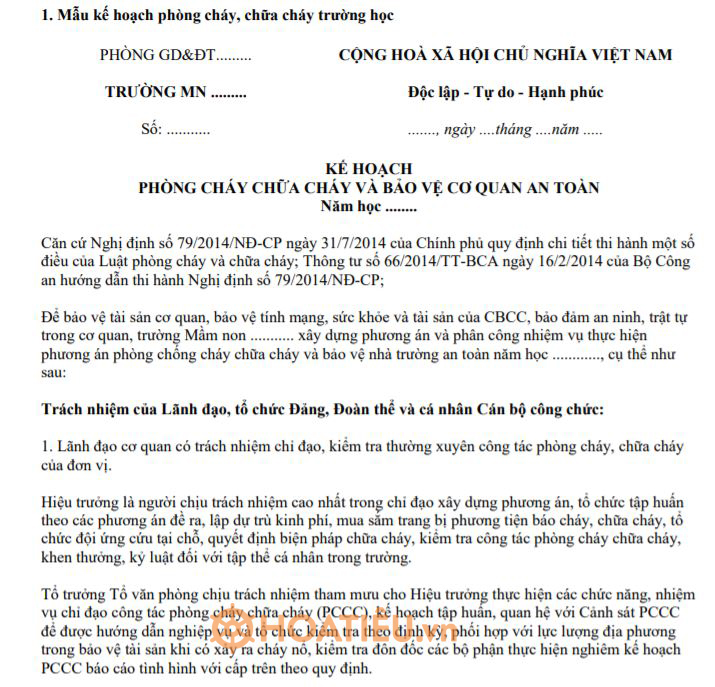 Mẫu kế hoạch phòng cháy, chữa cháy trường học 2022