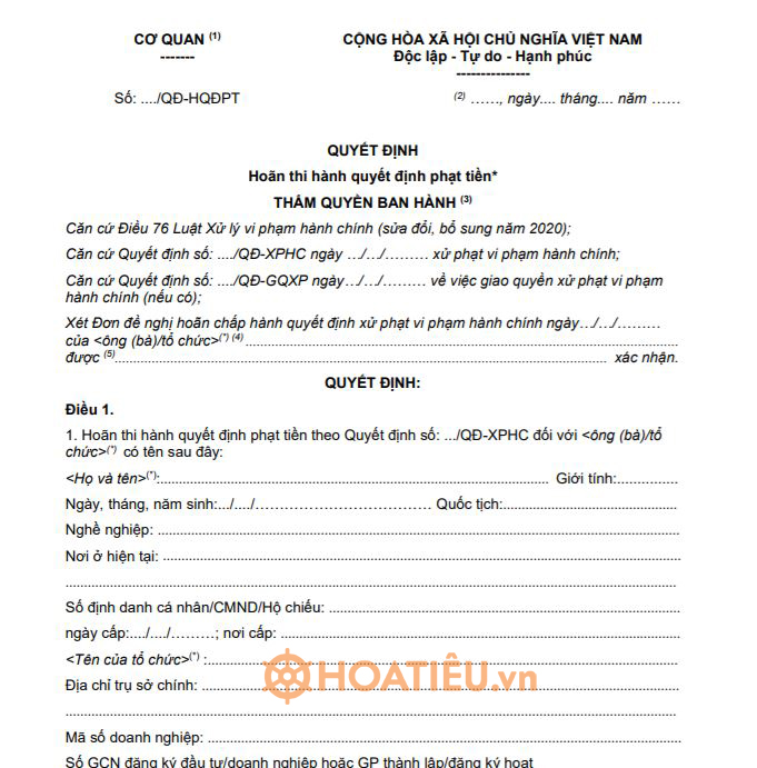 Mẫu MQĐ04: Quyết định hoãn thi hành quyết định phạt tiền 2022