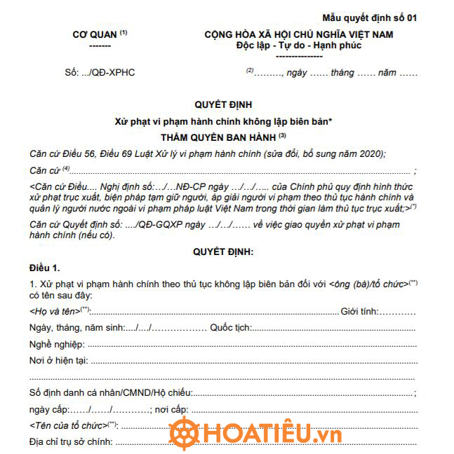 Mẫu MQĐ01: Quyết định xử phạt vi phạm hành chính không lập biên bản 2022
