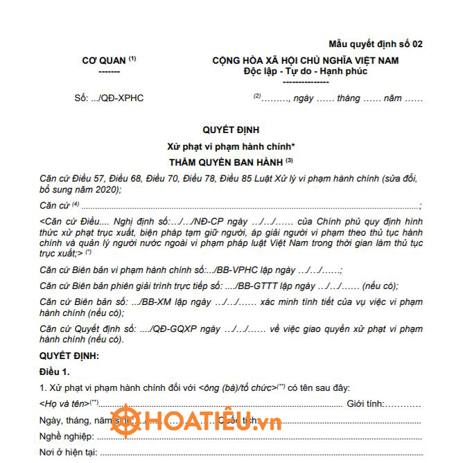 Mẫu MQĐ02: Quyết định xử phạt vi phạm hành chính 2022