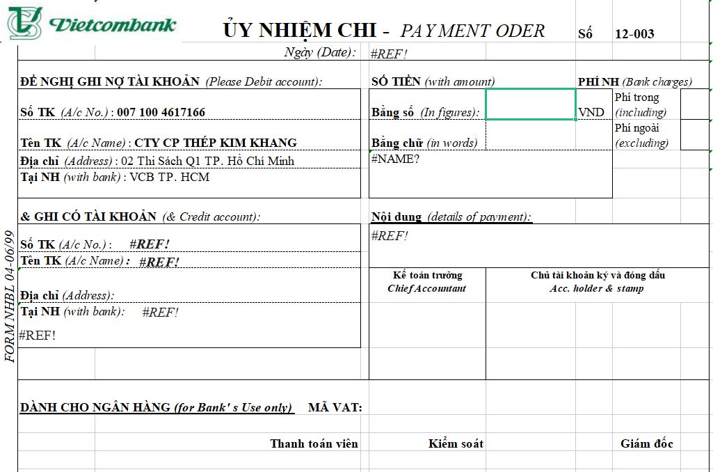 Mẫu ủy nhiệm chi Vietcombank