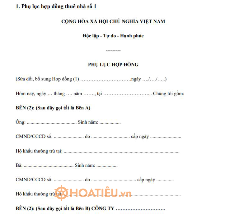 Mẫu phụ lục hợp đồng thuê nhà 2022