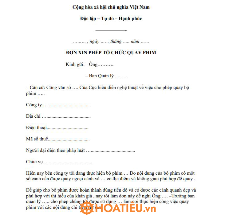 Mẫu đơn xin phép tổ chức quay phim 2022