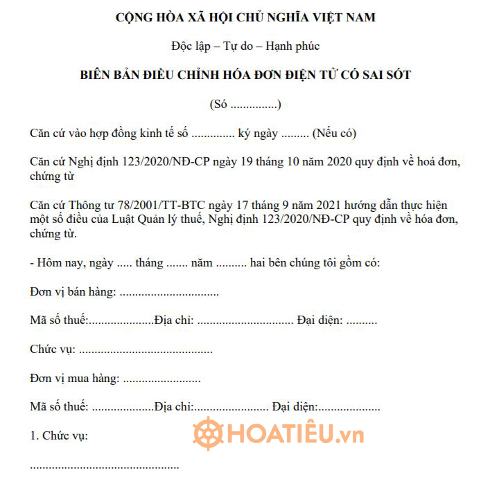 Mẫu biên bản điều chỉnh hóa đơn điện tử viết sai theo thông tư 78, Nghị định 123