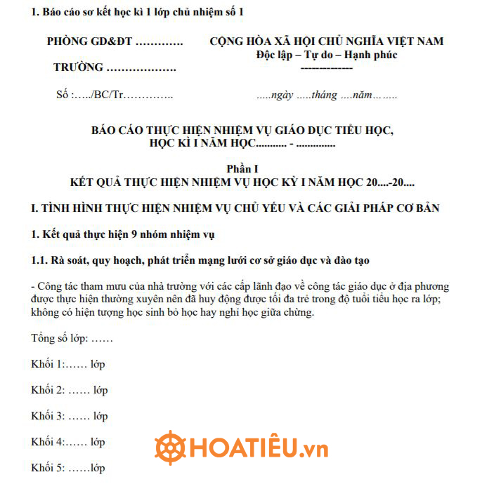 Mẫu sơ kết lớp học kì I của giáo viên chủ nhiệm