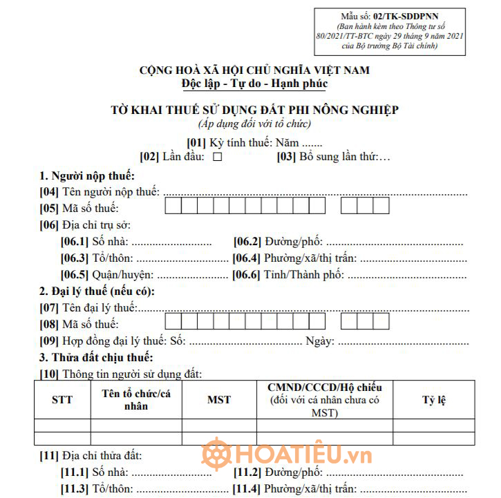 Tờ khai thuế sử dụng đất phi nông nghiệp dùng cho tổ chức 2022