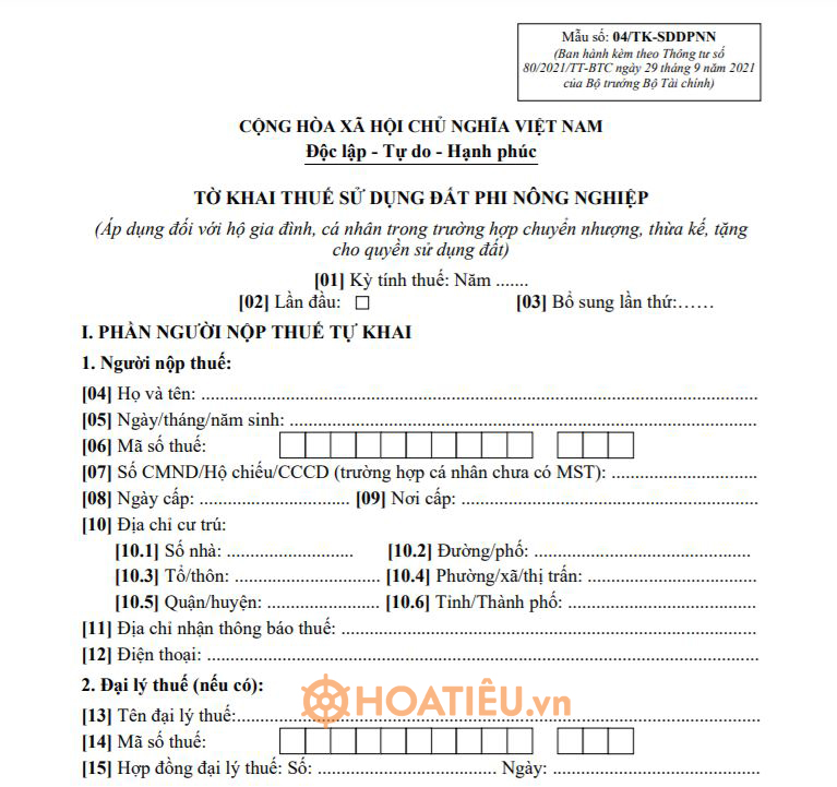 Mẫu 04/TK-SDDPNN: Tờ khai thuế sử dụng đất phi nông nghiệp 2022
