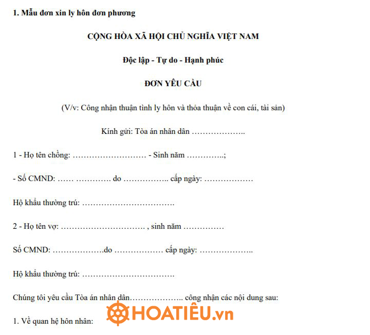 Mẫu đơn xin ly hôn đơn phương 