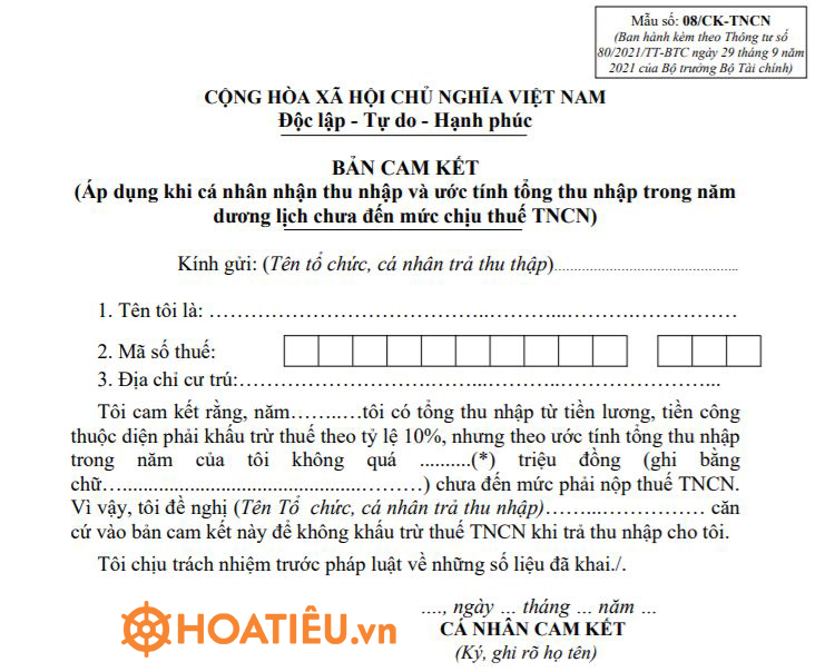 Mẫu 02/CK-TNCN: Bản cam kết thu nhập cá nhân 2022