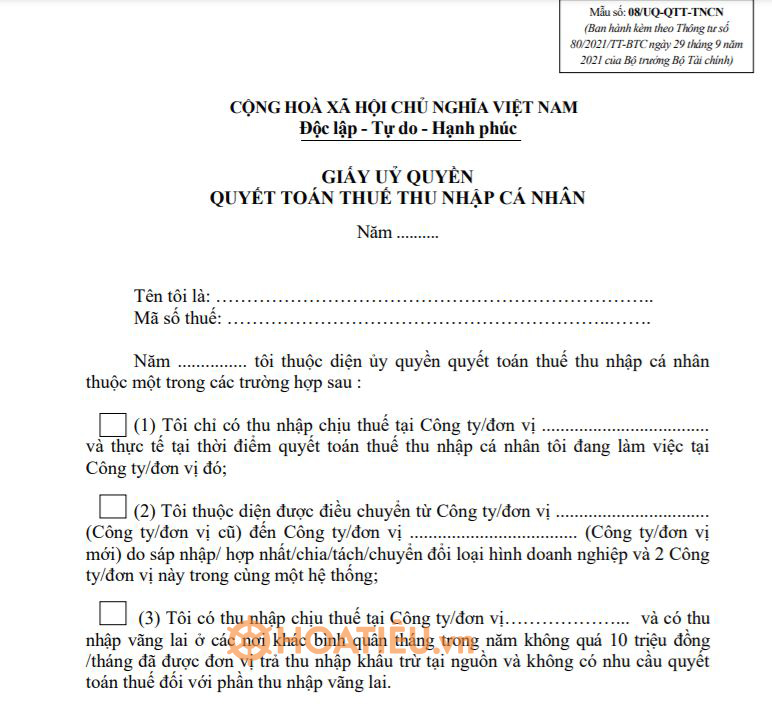 Mẫu giấy ủy quyền quyết toán thuế thu nhập cá nhân - Mẫu 08/UQ-QTT-TNCN