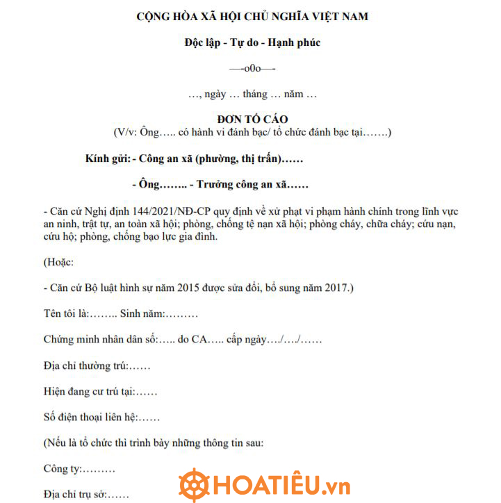 Mẫu đơn tố cáo việc đánh bạc, tổ chức đánh bạc 2022