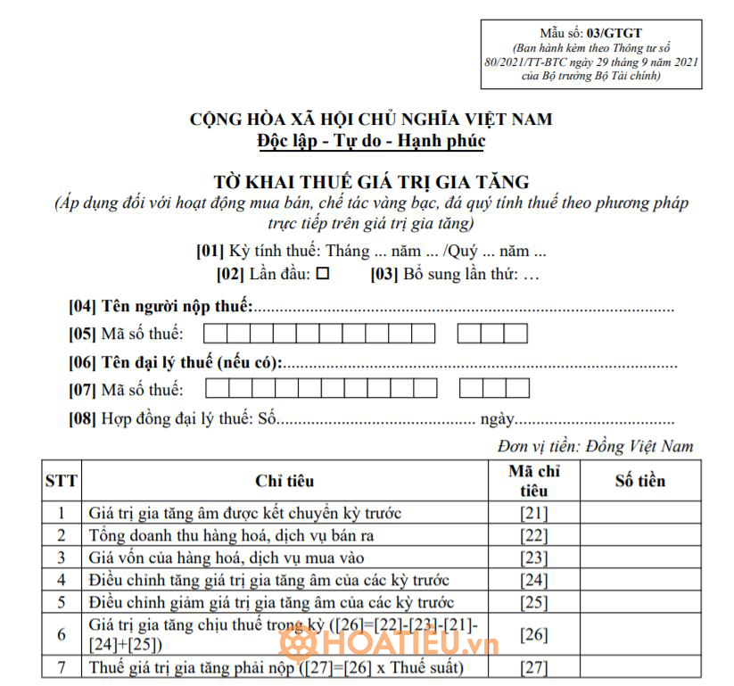 Mẫu số 03/GTGT: Tờ khai thuế giá trị gia tăng 2022