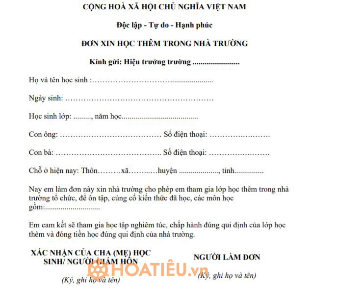 Đơn xin học thêm buổi chiều 2024
