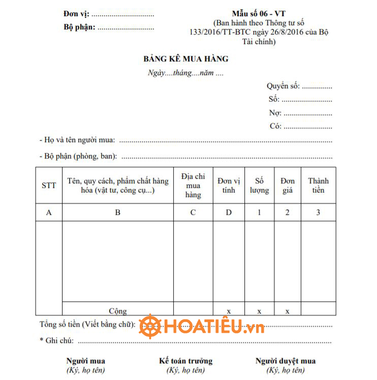 Mẫu số 06 - VT: Bảng kê mua hàng 2022