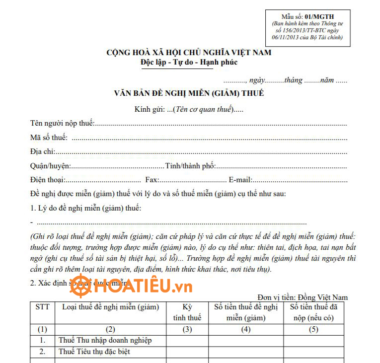 Mẫu số 01/MGTH: Văn bản đề nghị miễn (giảm) thuế 2022