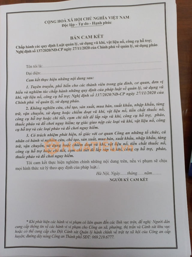 Bản cam kết phòng chống pháo nổ dịp Tết