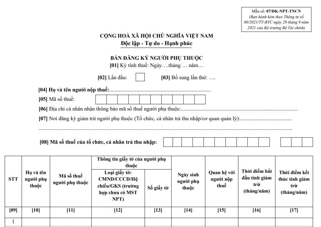 Mẫu 07/ĐK-NPT-TNCN: Bản đăng ký người phụ thuộc 2023
