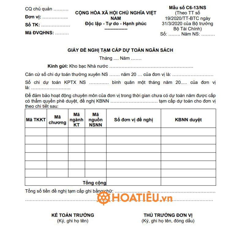 Mẫu C6-13/NS giấy đề nghị tạm cấp dự toán ngân sách 2022