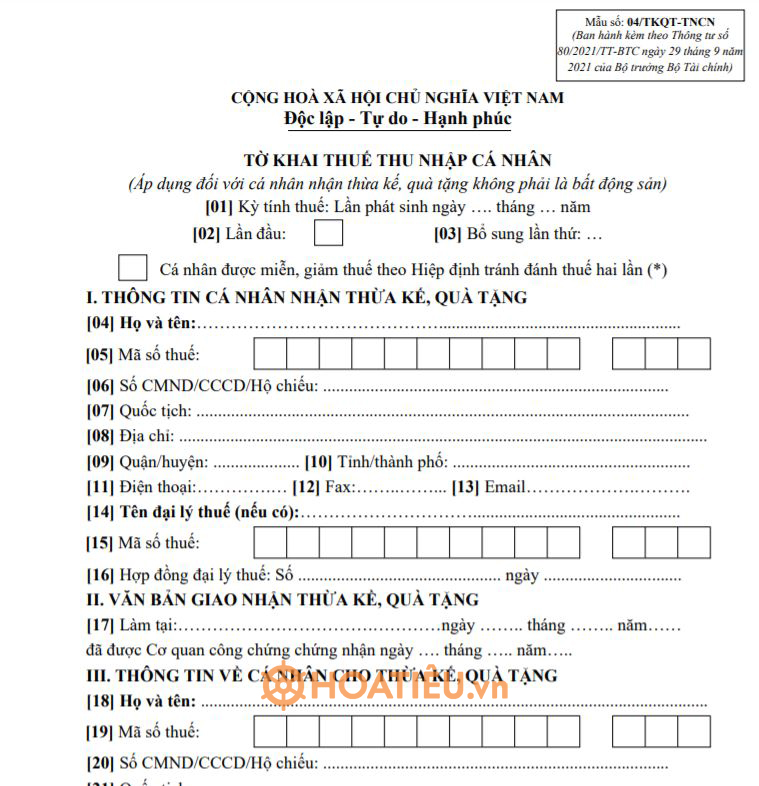 Mẫu 04/TKQT-TNCN: Tờ khai thuế thu nhập cá nhân 2022